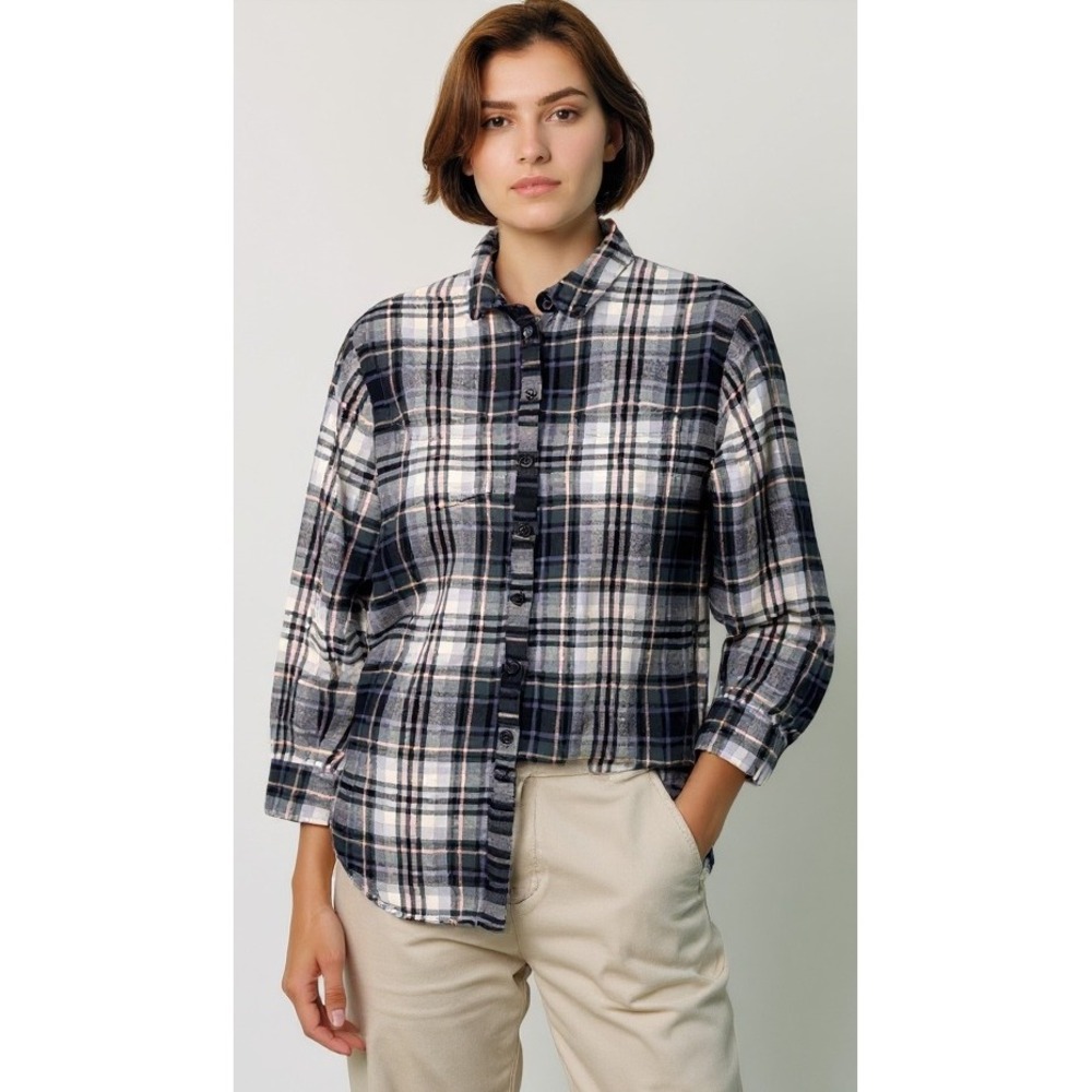 Madewell Shirt Flannel Womens M Cotton Plaid Button Down‎ Green Pink Gray